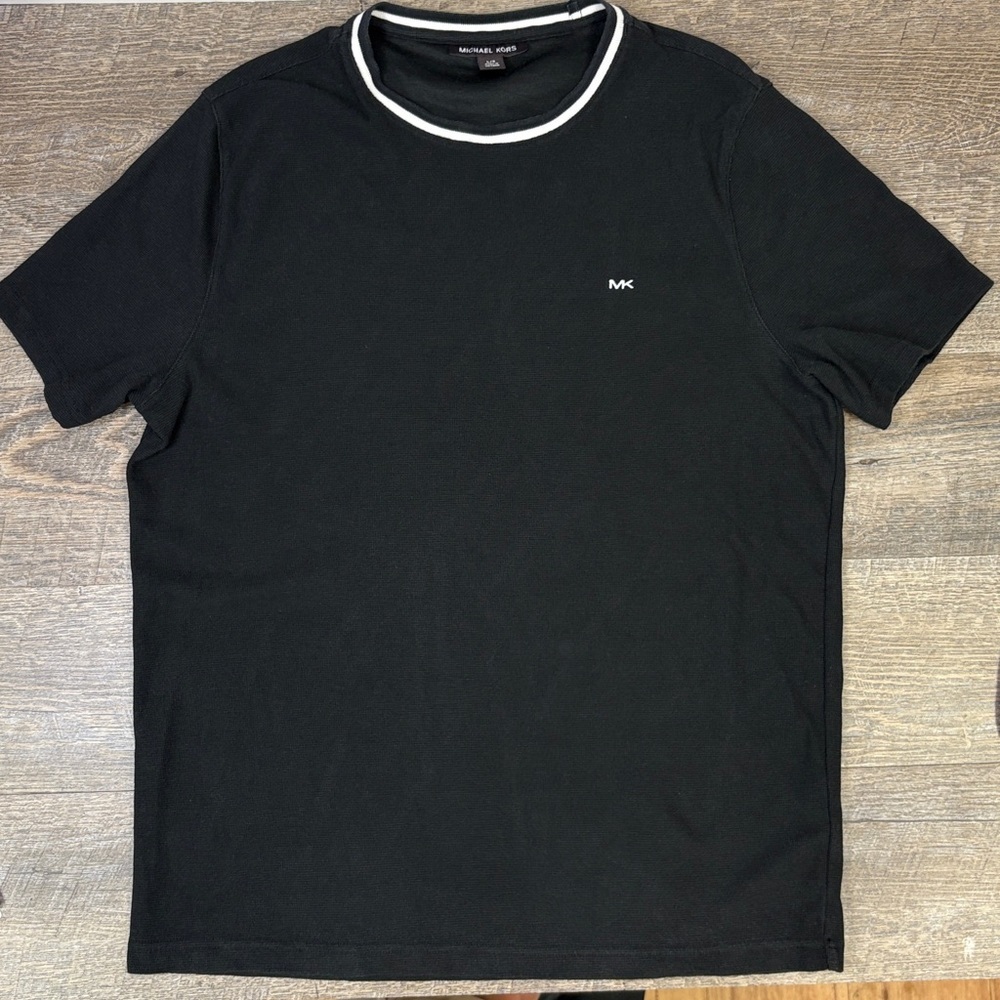 Michael Kors Black Logo Tee with Contrast Stripe Collar | Size Large